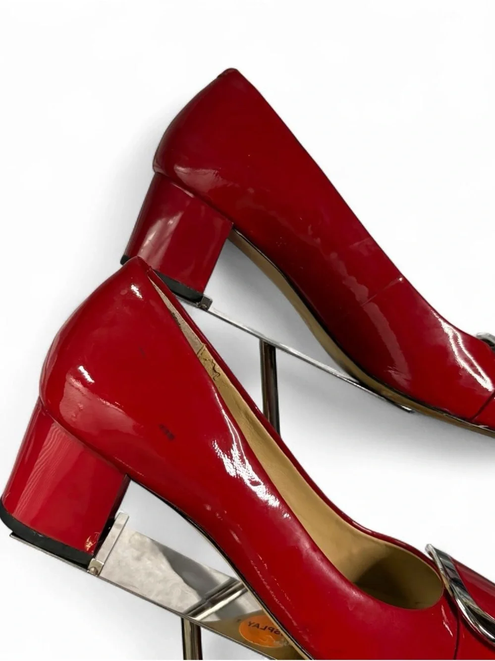 Michael Kors Glossy Red Patent Block Heel Pumps with Metallic Buckle